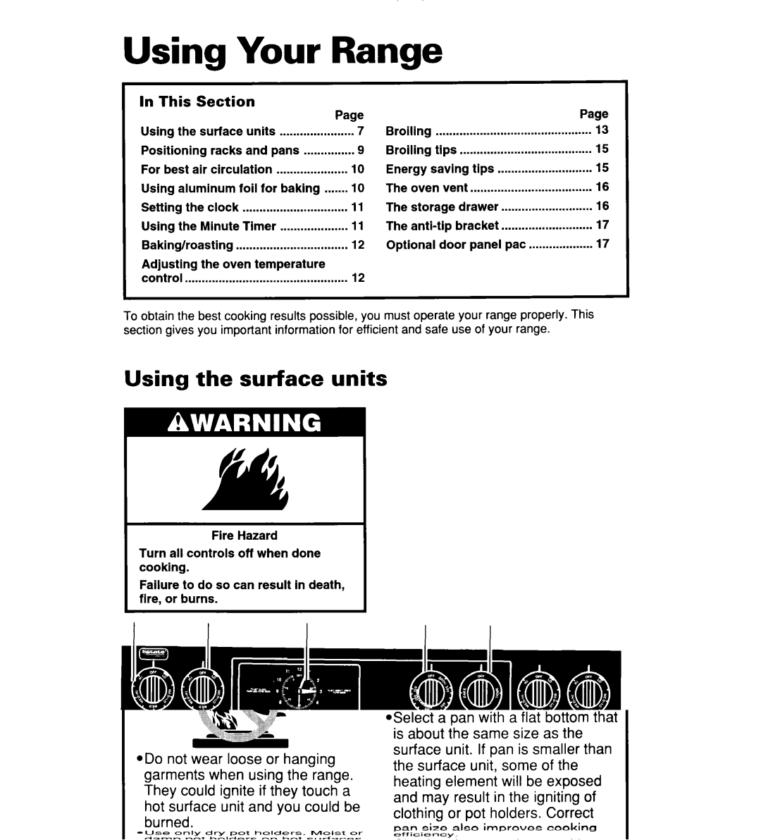 Whirlpool TER20WOD Using Your Range, Using the surface units, This, Surface unit markers, Surface heating indicator light 