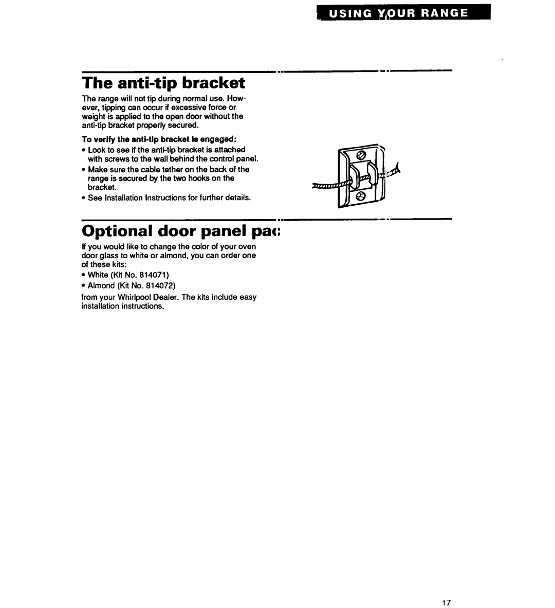 Whirlpool TER20WOY manual Anti-tip bracket, Optional door panel pack, To verlfy the anti-tlp bracket Is engaged 