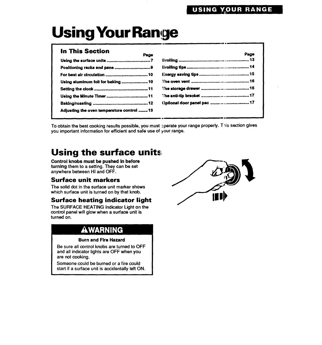 Whirlpool TER20WOY manual Using Your Range, Using the surface units, This Section, Surface unit markers 