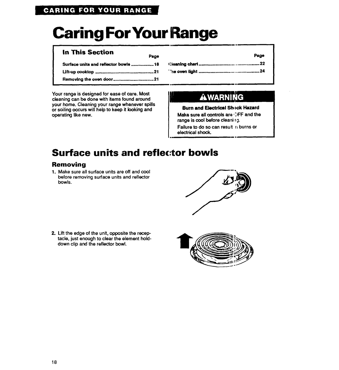 Whirlpool TER20WOY Caring ForYour, IRange, Surface units and reflec:tor bowls, Page, This, Section, Removing, reflector 