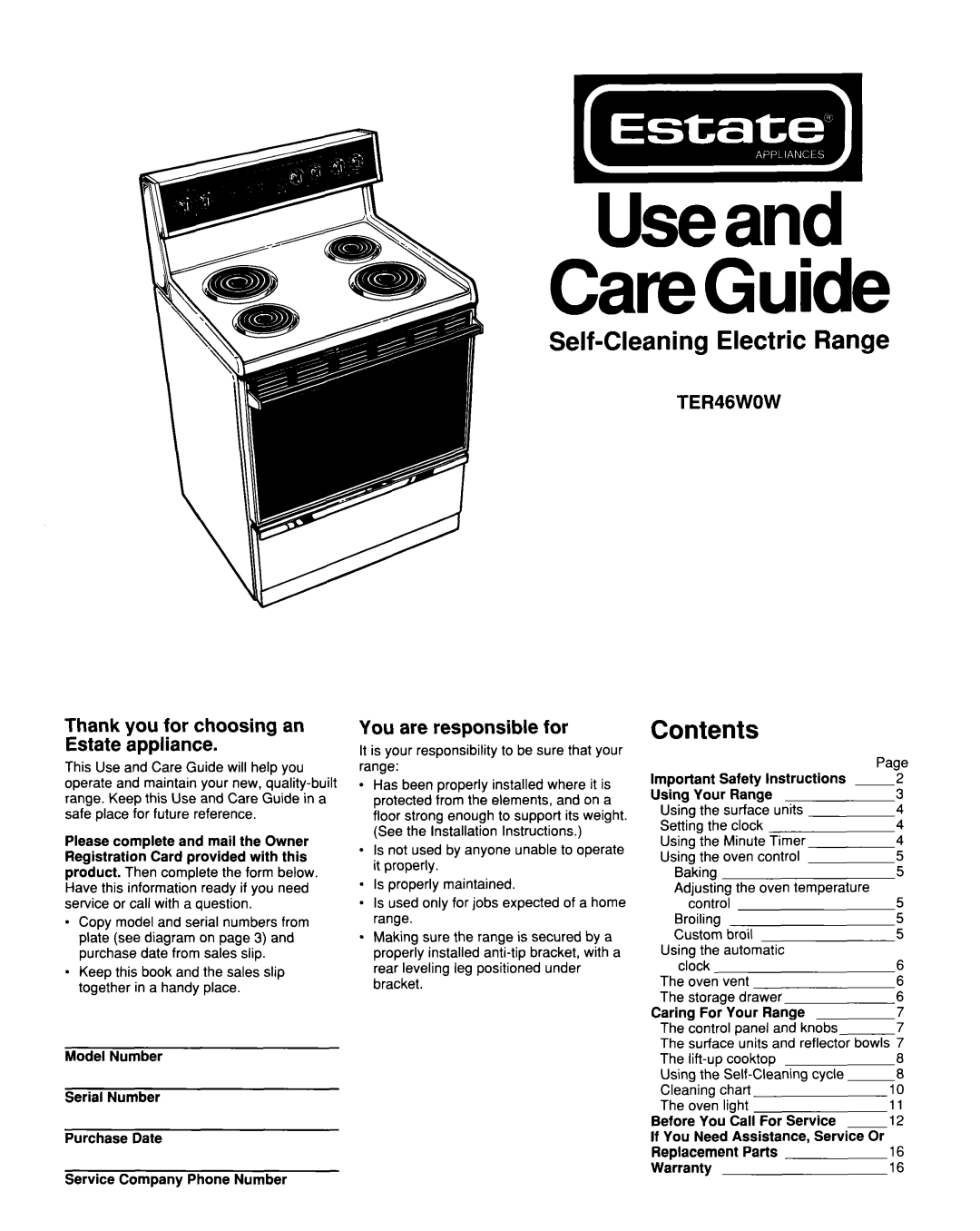 Whirlpool TER46WOW installation instructions Self-Cleaning Electric Range, Contents 