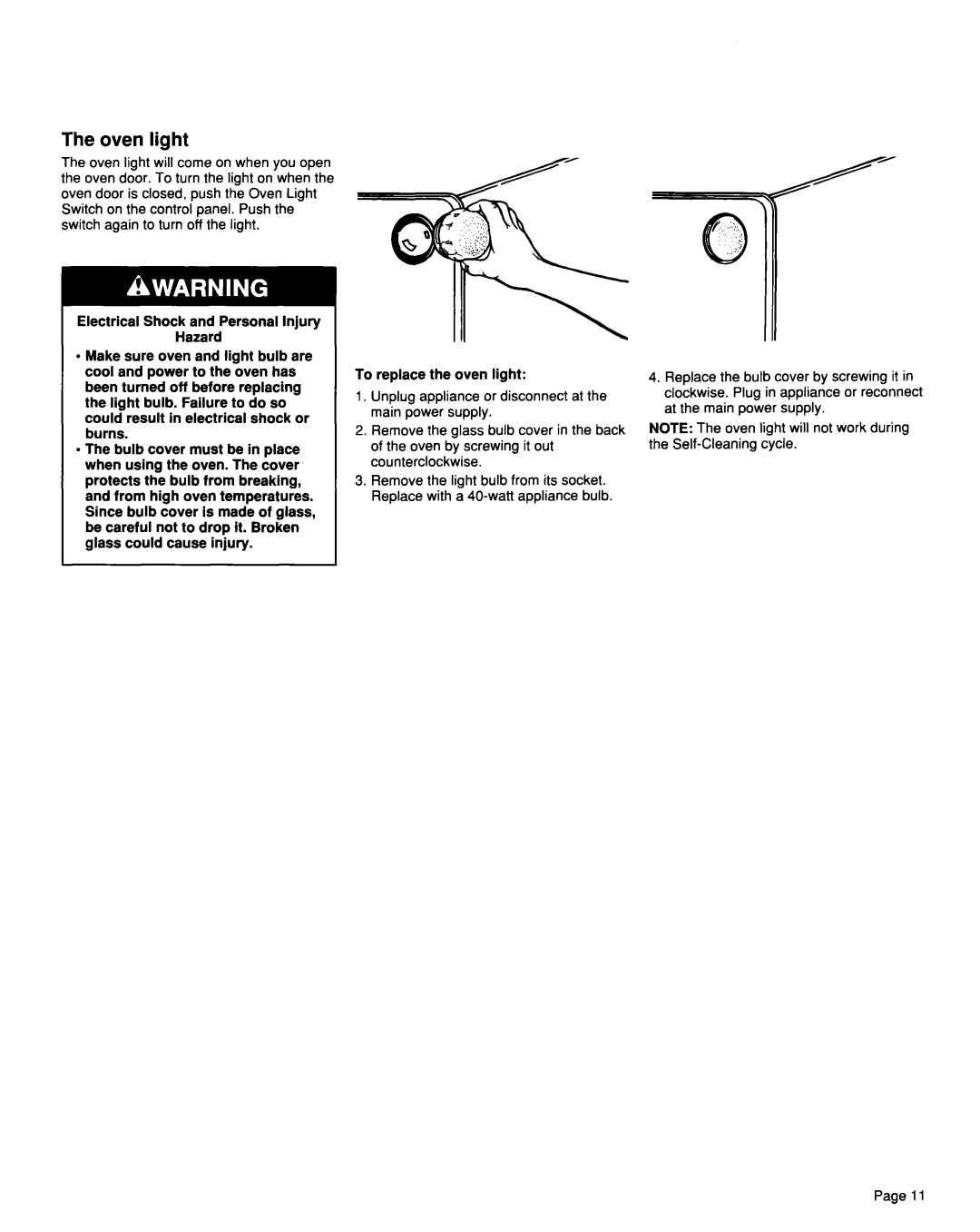 Whirlpool TER46WOW installation instructions Oven light 