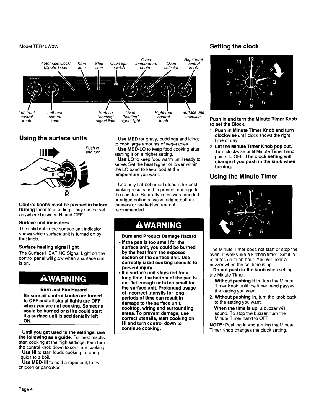 Whirlpool TER46WOW installation instructions Setting the clock, Using the surface units, Using the Minute Timer 