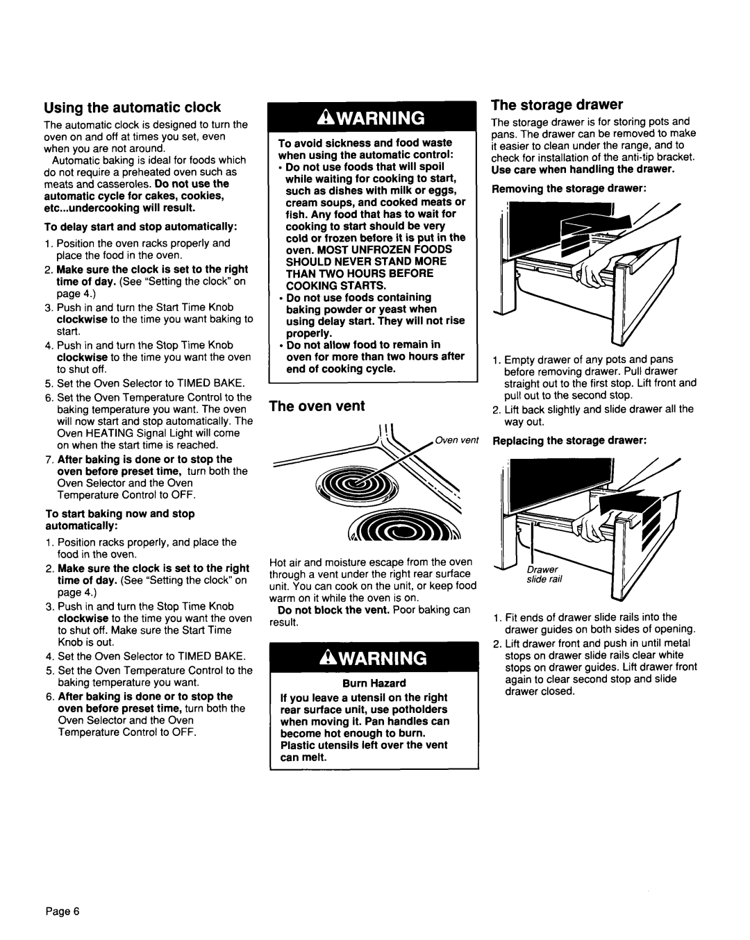 Whirlpool TER46WOW installation instructions Using the automatic clock, Oven vent, Storage drawer 