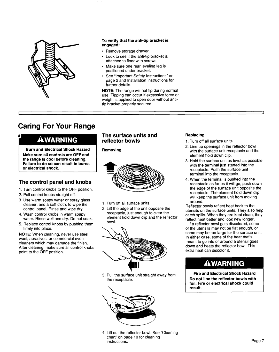 Whirlpool TER46WOW Caring For Your Range, Surface units and reflector bowls, Control panel and knobs 