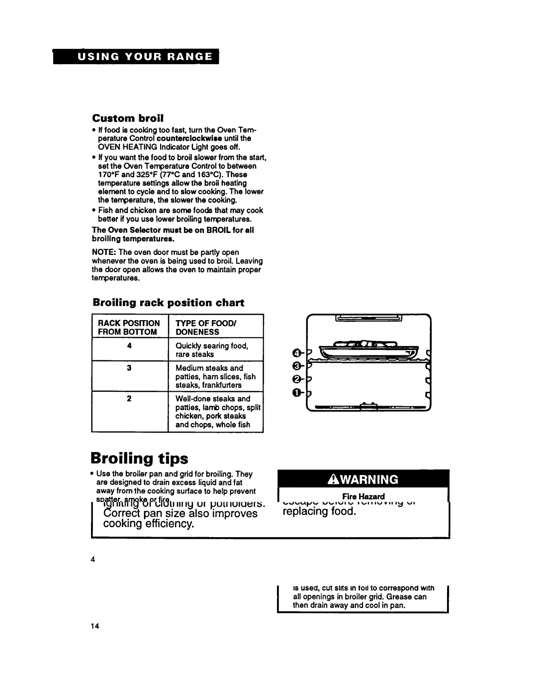 Whirlpool TER46WOY manual Broiling tips, Custom broil, Broiling rack position chart, Rack Position Type of Food 