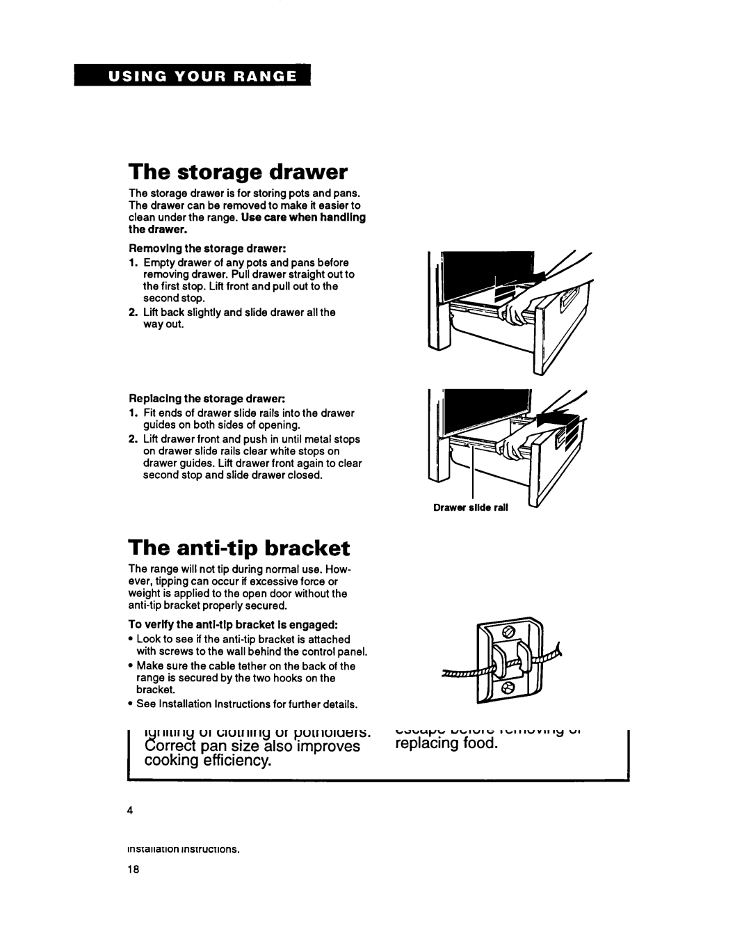 Whirlpool TER46WOY manual Storage drawer, Anti-tip bracket, Optional door panel pat 