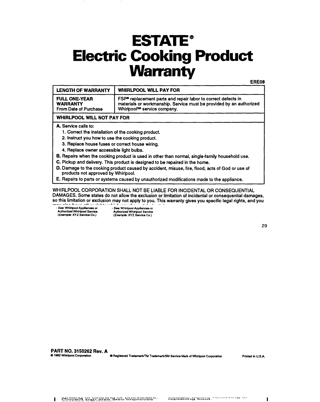 Whirlpool TER46WOY manual Electric Cooking Product Warranty, Ereob Length of Warranty, Whirlpool will PAY for 