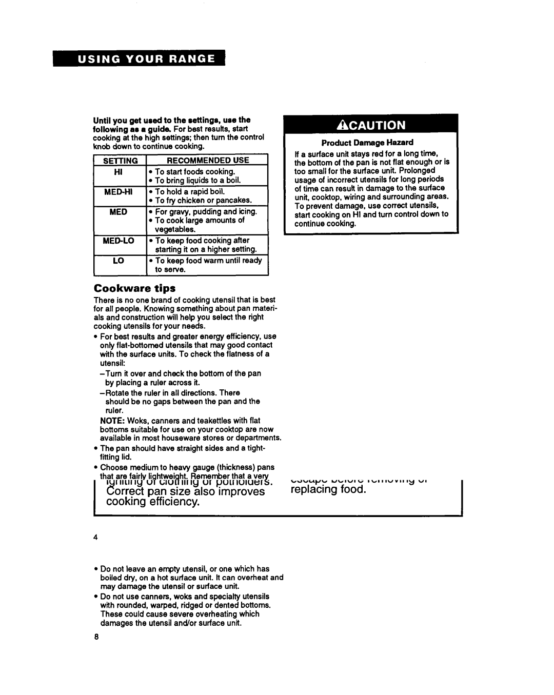 Whirlpool TER46WOY manual Cookware tips, Setting Recommended USE 