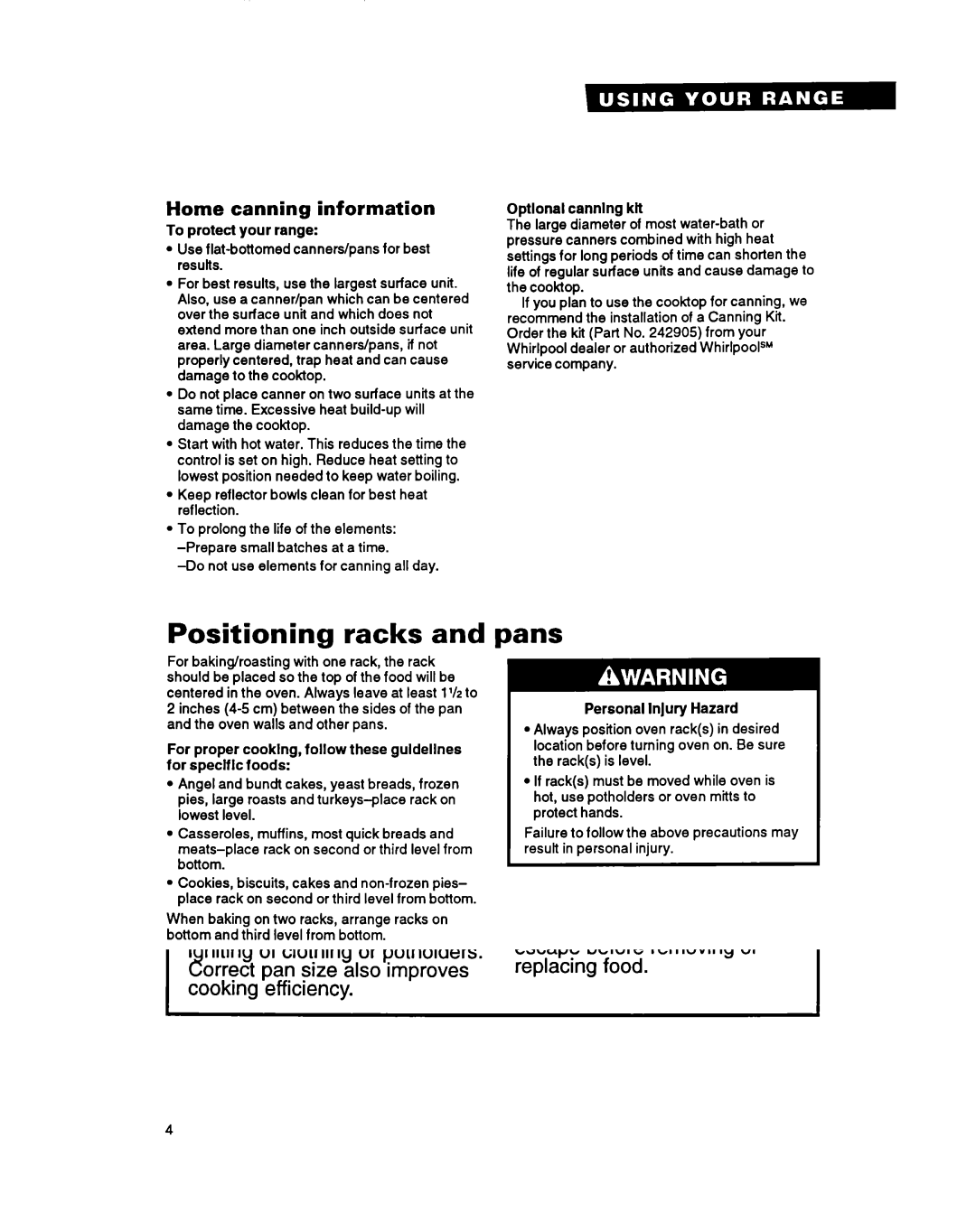 Whirlpool TER46WOY manual Positioning racks, Pans, Home canning information 
