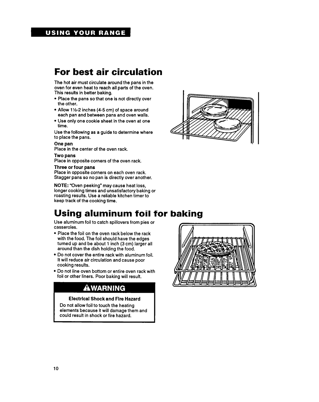 Whirlpool TER46WOY manual For best air circulation, Using aluminum foil for baking 