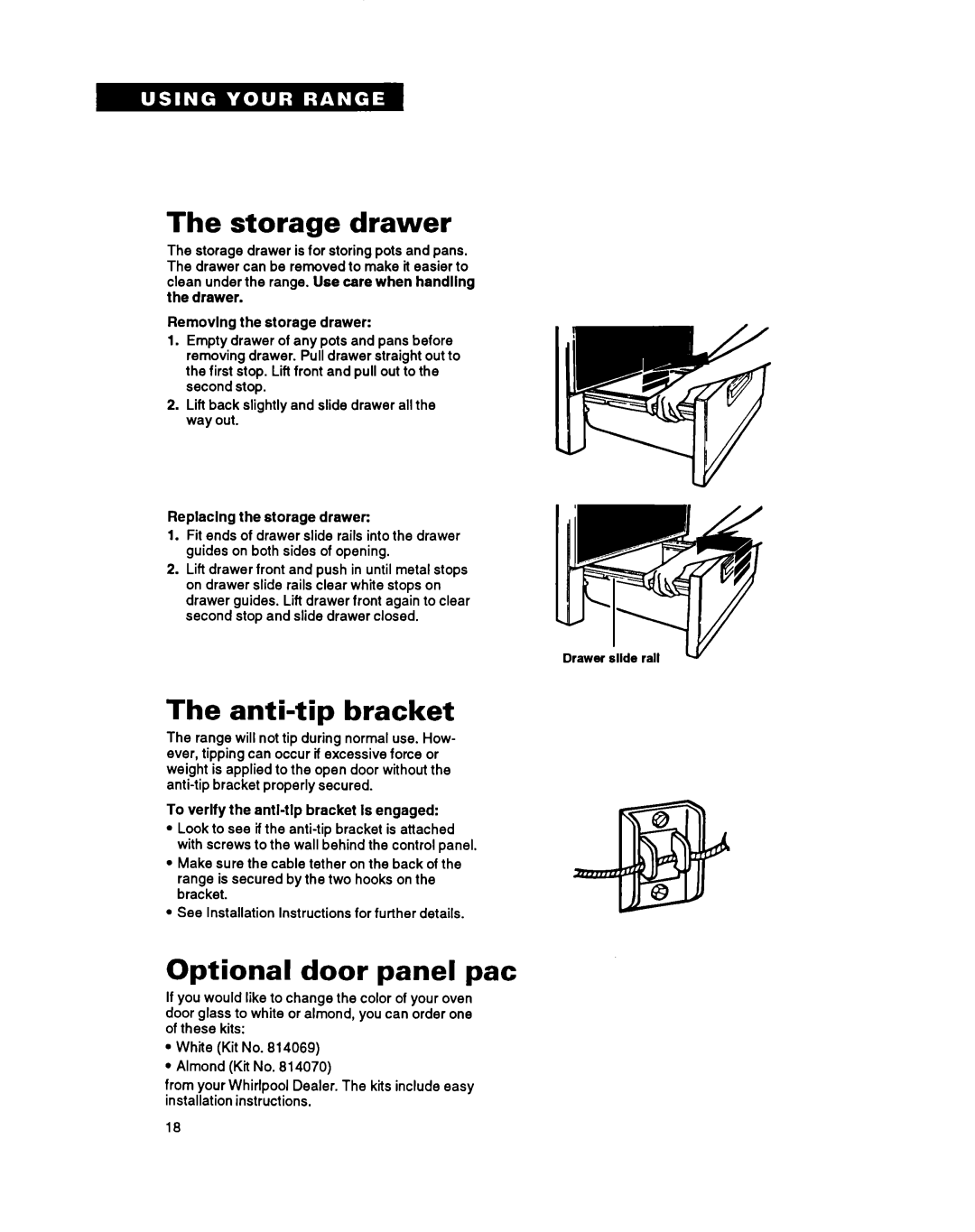 Whirlpool TER46WOY manual The storage drawer, The anti-tipbracket, Optional door panel pat 