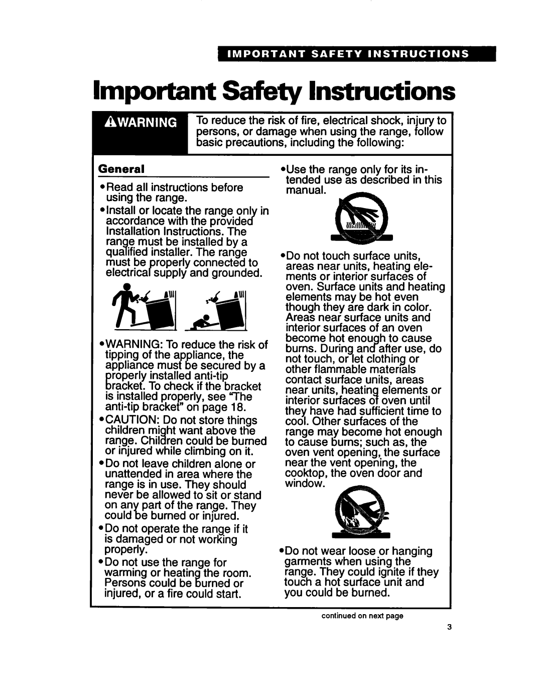 Whirlpool TER46WOY Important Safety Instructions, l Read all instructions before using the range, e must be installed by a 