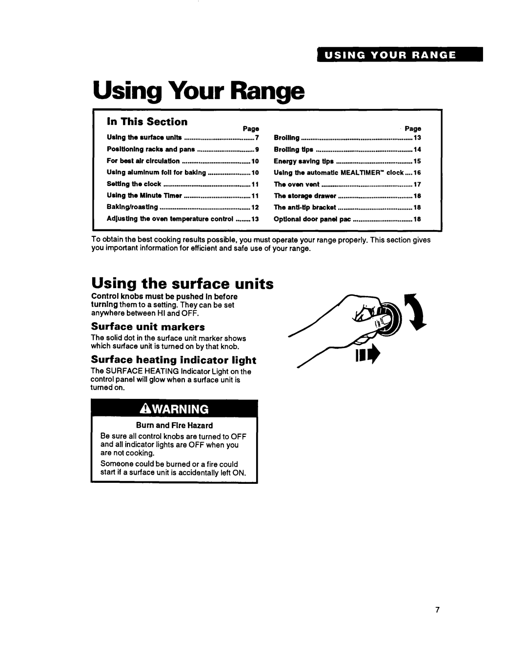 Whirlpool TER46WOY manual Using Your Range, Using the surface units, This, Section, Surface unit markers 