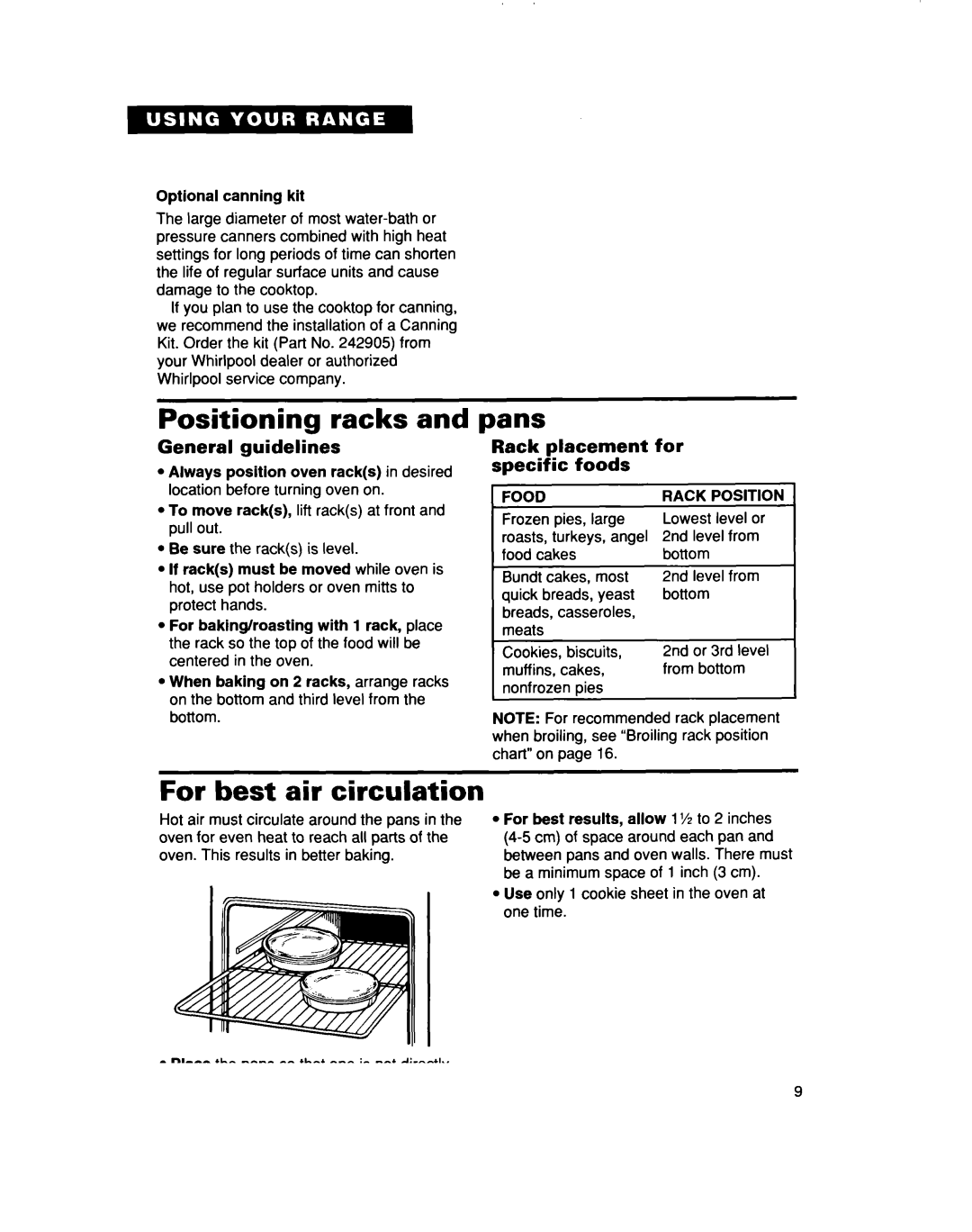 Whirlpool TER50W0D warranty Positioning racks, Pans, For best air circulation, General guidelines 