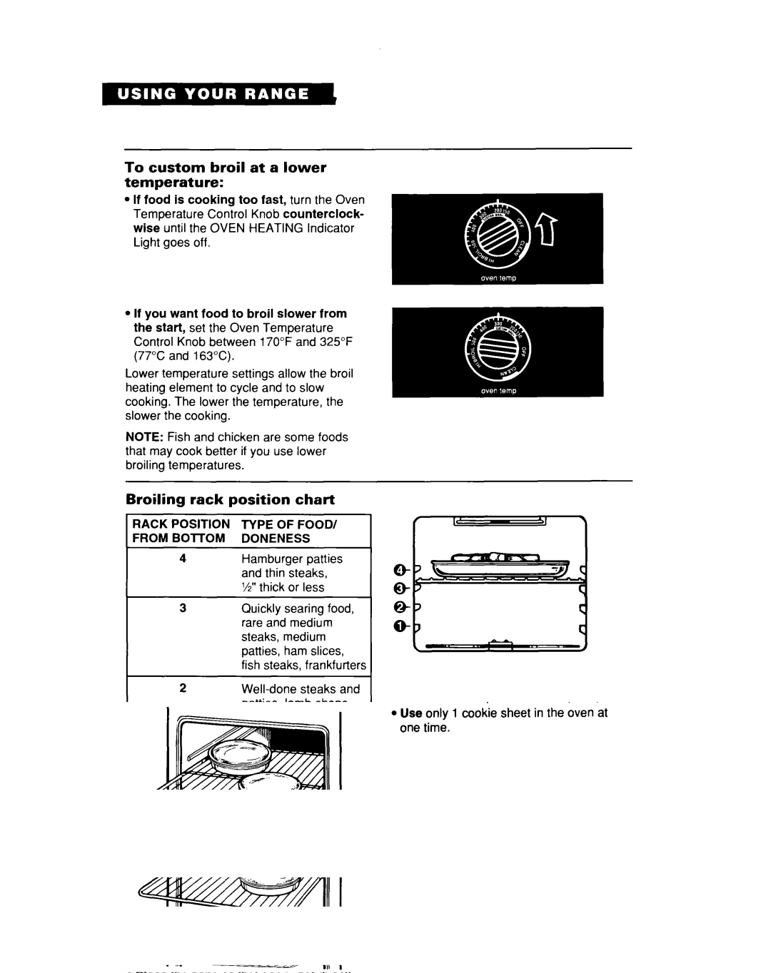 Whirlpool TER50W0D warranty To custom broil at a lower temperature, Broiling rack position chart, Type of FOOD/ Doneness 