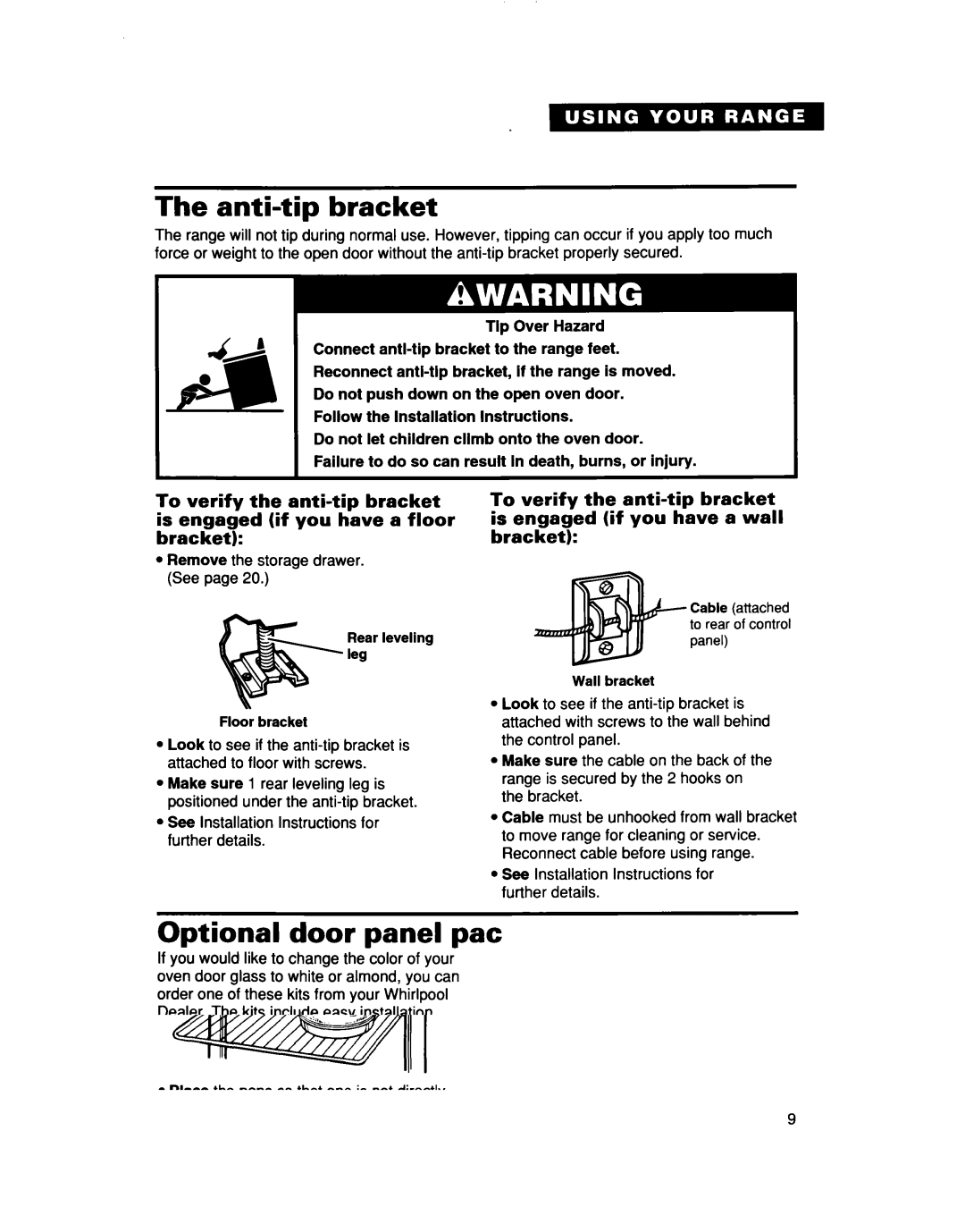 Whirlpool TER50W0D warranty Anti-tip bracket, Optional door panel pat 