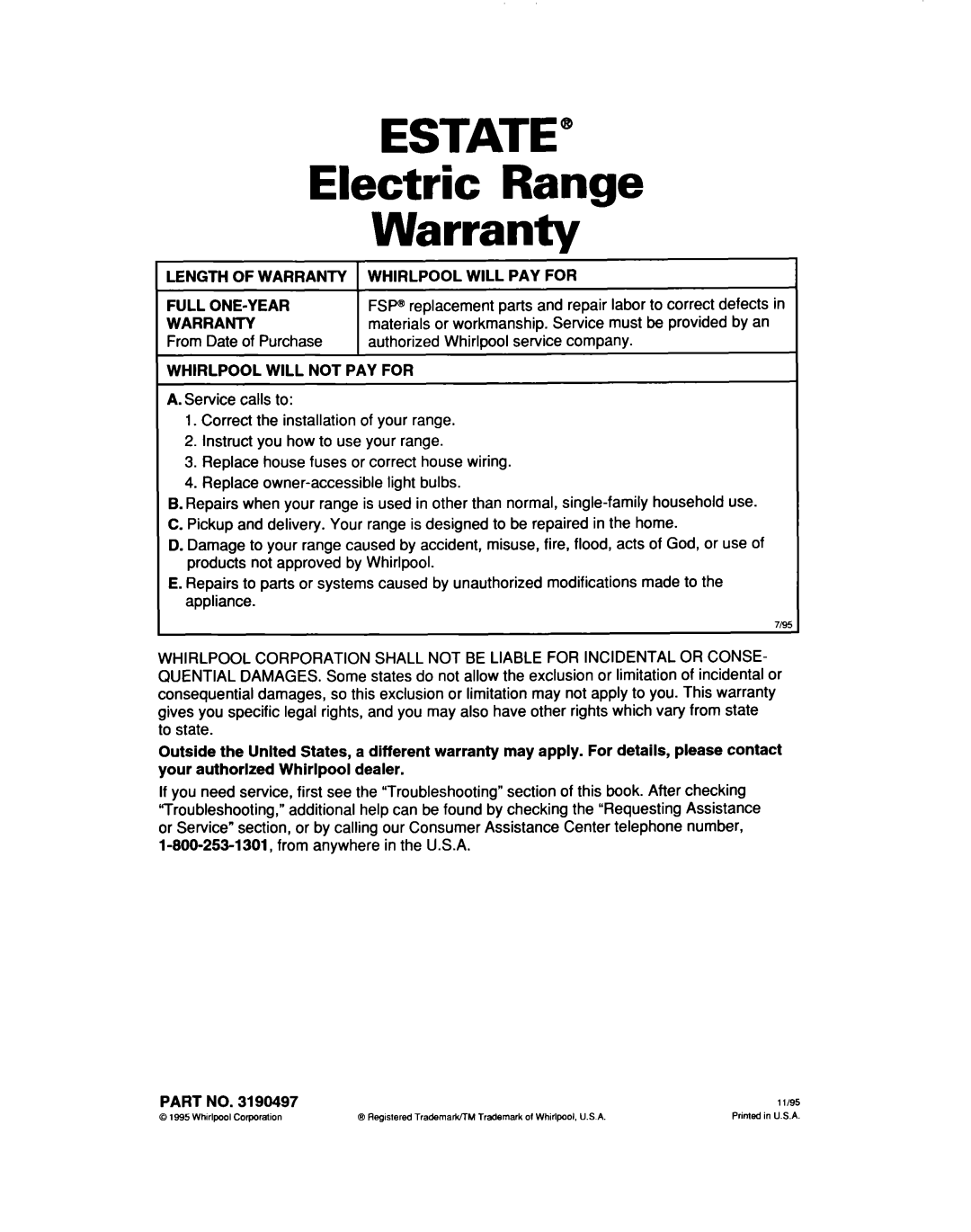 Whirlpool TER50W0D warranty ESTATE=’ Electric Range Warranty 