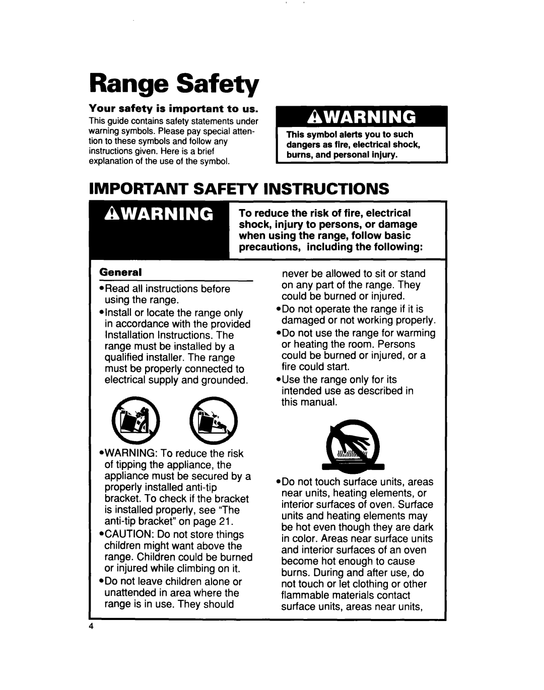 Whirlpool TER50W0D warranty Range Safety, Important Safety Instructions 
