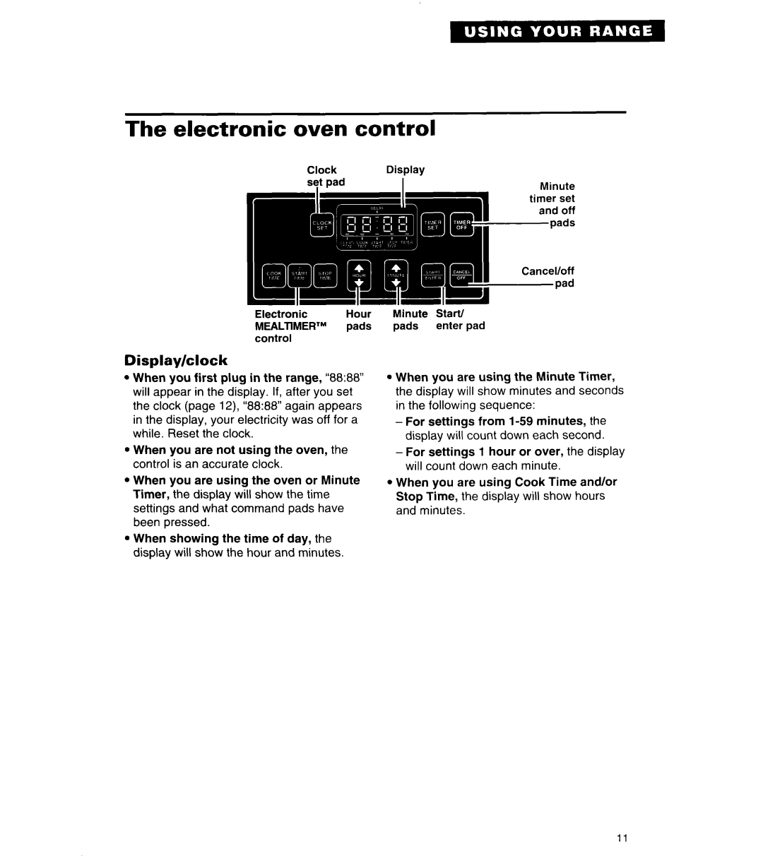 Whirlpool TER56W2B important safety instructions Electronic oven control, Display/clock 