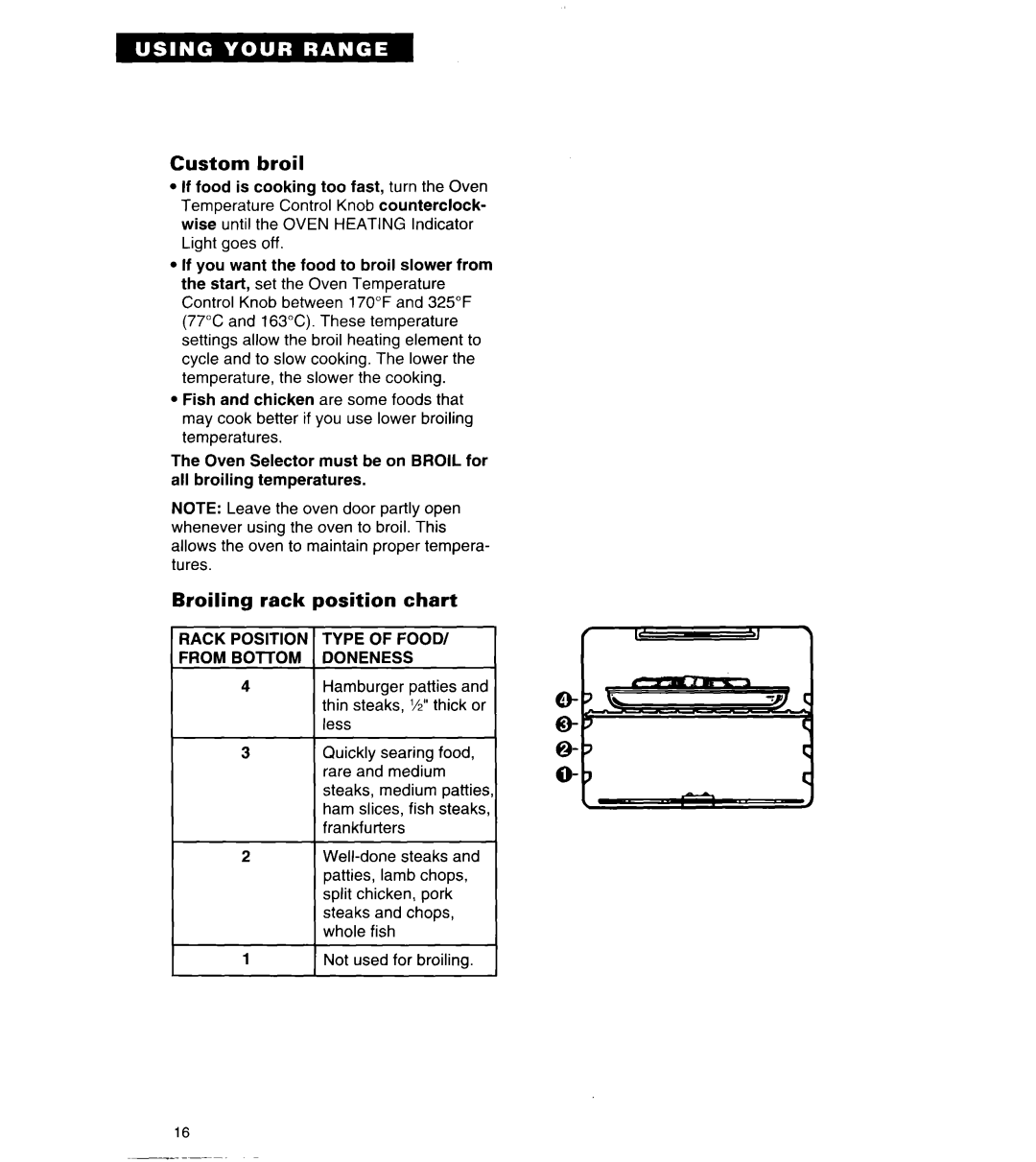 Whirlpool TER56W2B important safety instructions Custom broil, Broiling rack position chart, Rack Position Type of Food 