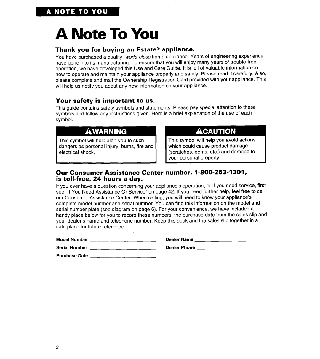 Whirlpool TER56W2B important safety instructions Thank you for buying an Estate@ appliance, Your safety is important to us 