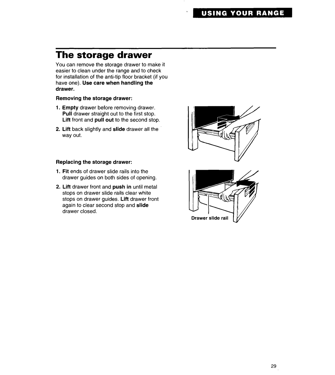 Whirlpool TER56W2B important safety instructions Storage drawer 