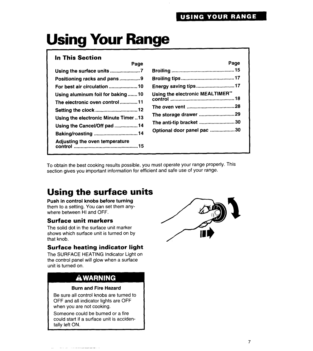 Whirlpool TER56W2B Using the surface units, This, Surface unit markers, Surface heating indicator light 