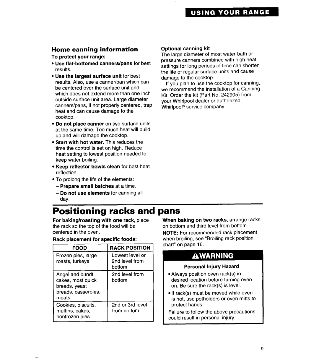 Whirlpool TER56W2B important safety instructions Positioning racks, Pans, Home canning information, Food Rack 