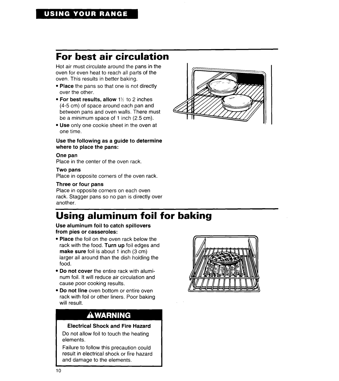 Whirlpool TER56W2B important safety instructions For best air circulation, Using aluminum foil for baking 
