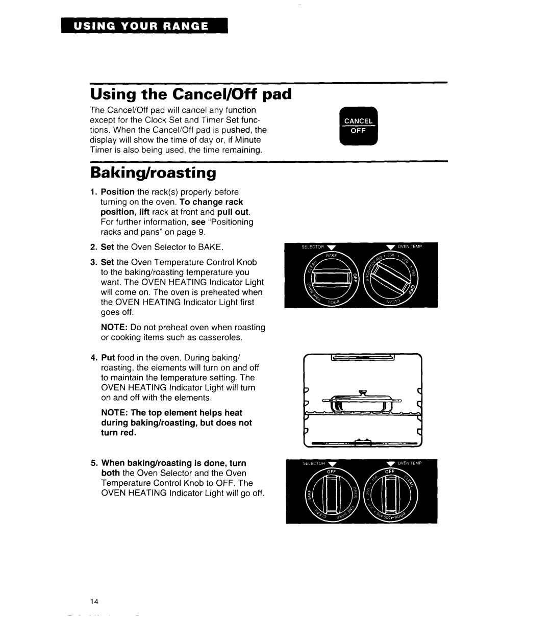 Whirlpool TER56W2B important safety instructions Using the Cancel/Off pad, Baking/roasting 