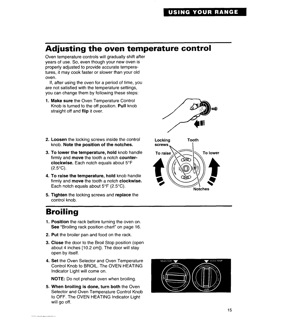 Whirlpool TER56W2B important safety instructions Adjusting the oven temperature, Broiling, control 