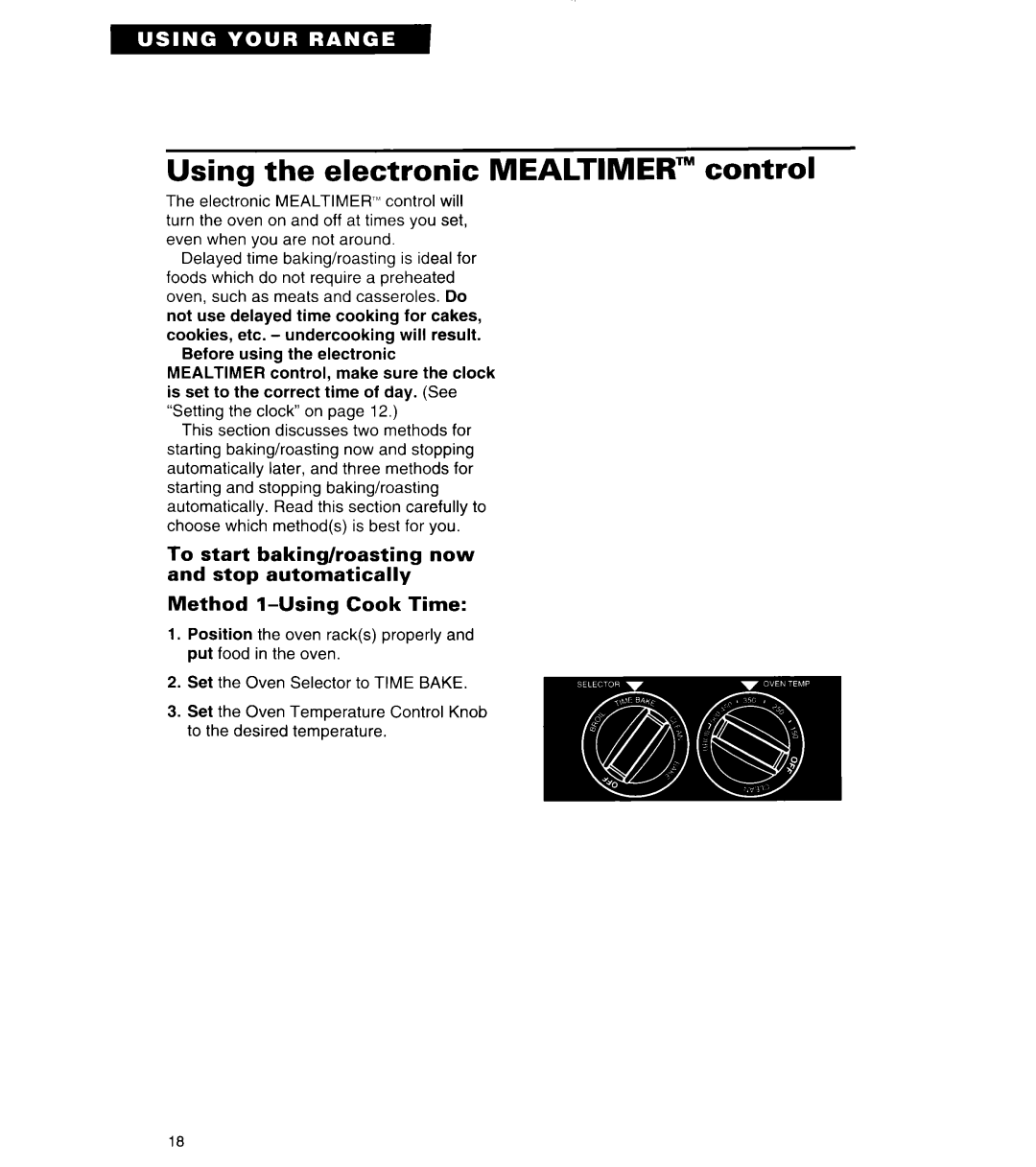 Whirlpool TER56W2B important safety instructions Using the electronic MEALTIMER’” control, Method l-UsingCook Time 