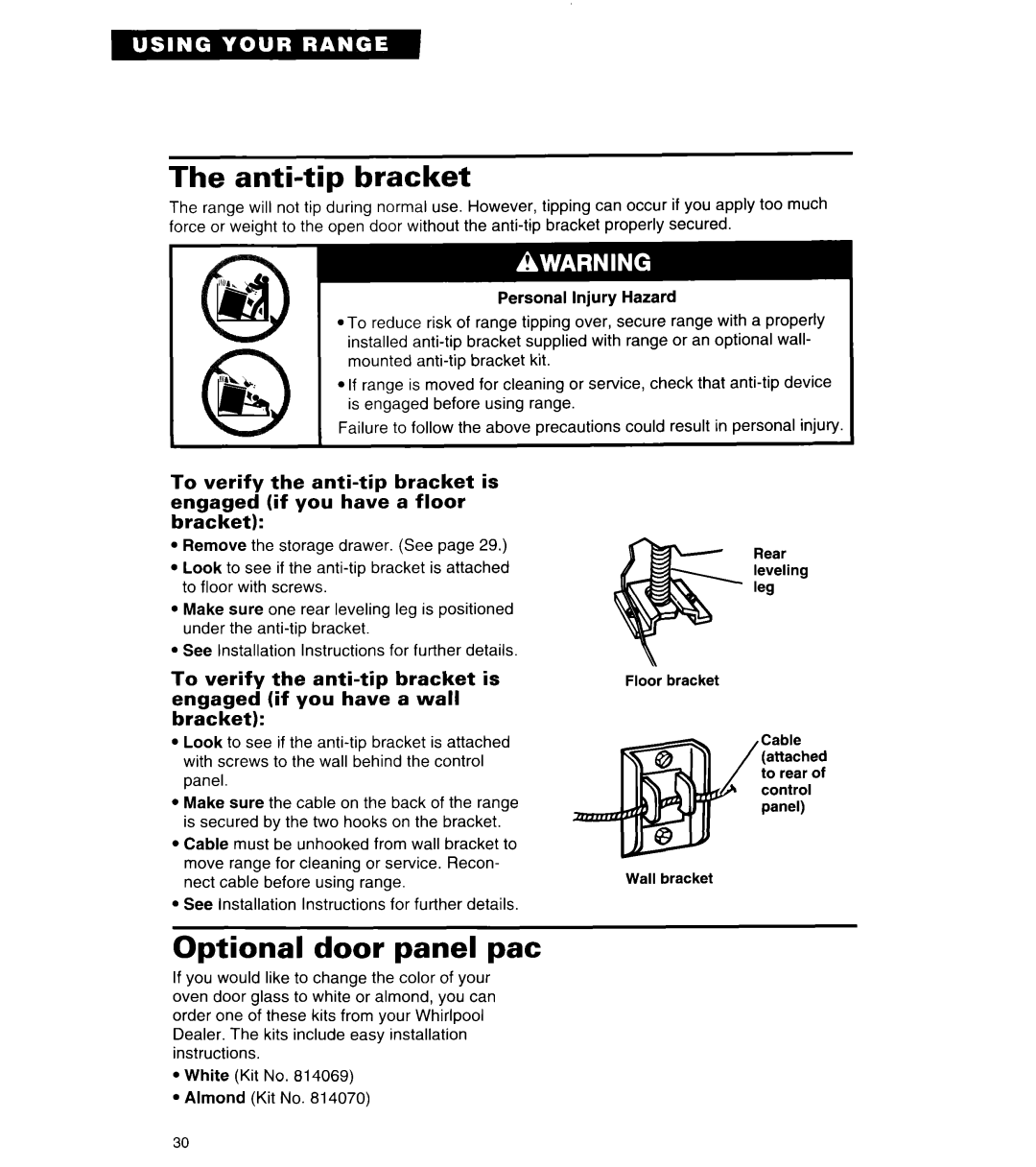 Whirlpool TER56W2B important safety instructions The anti-tipbracket, Optional door panel pat 
