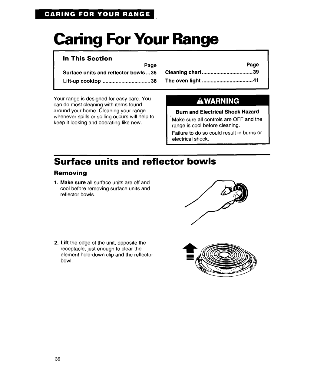 Whirlpool TER56W2B Caring For Your Range, Surface units and reflector bowls, In This Section, Removing, i i$‘ 