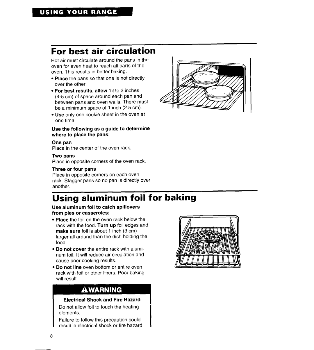 Whirlpool TER86W5B important safety instructions For best air circulation, Using aluminum foil for baking 