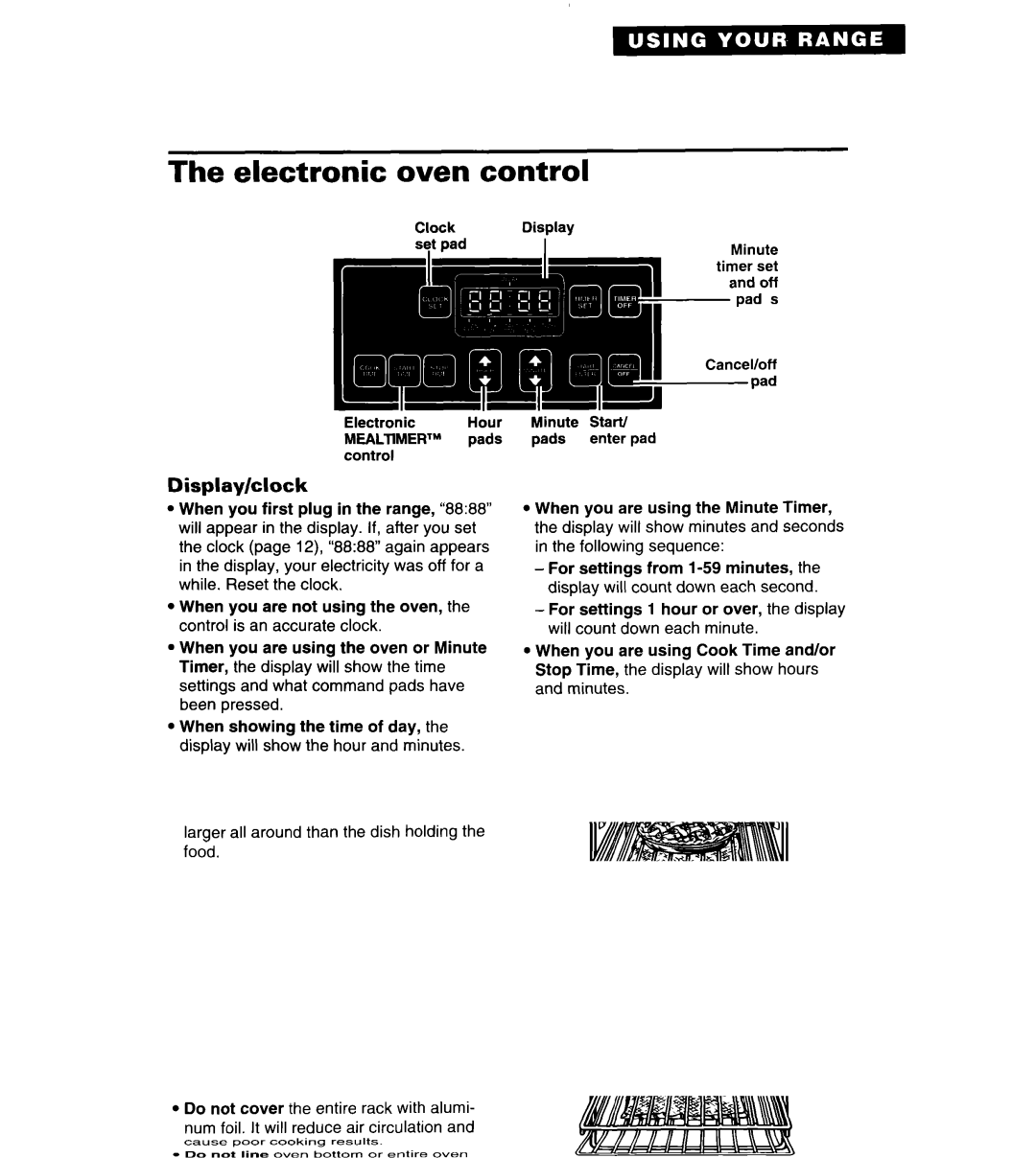 Whirlpool TER86W5B important safety instructions Electronic oven control, Display/clock 