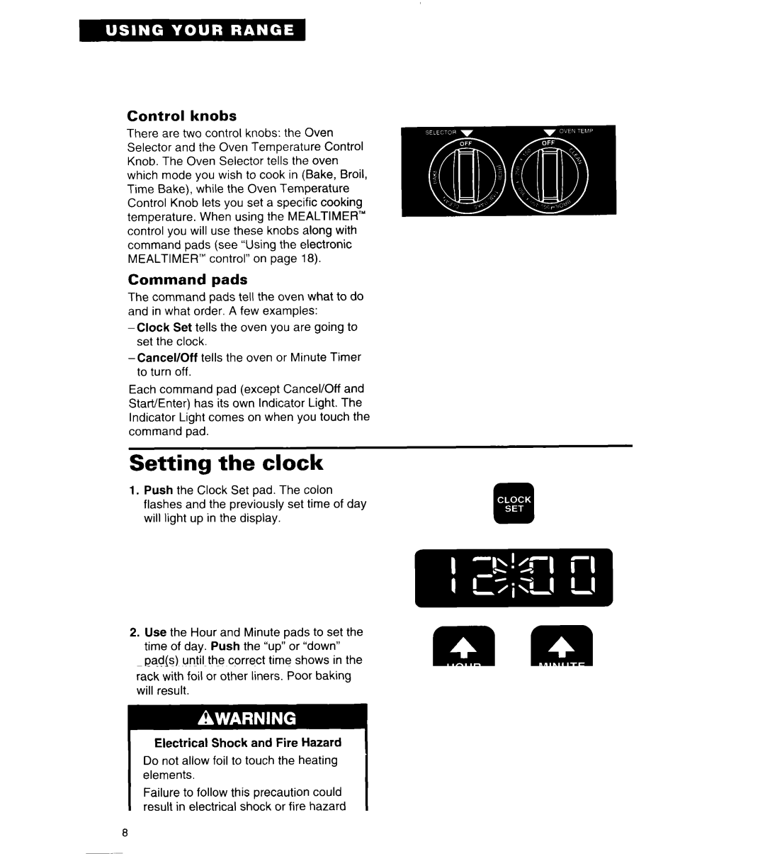 Whirlpool TER86W5B important safety instructions Setting the clock, Control knobs, Command pads 