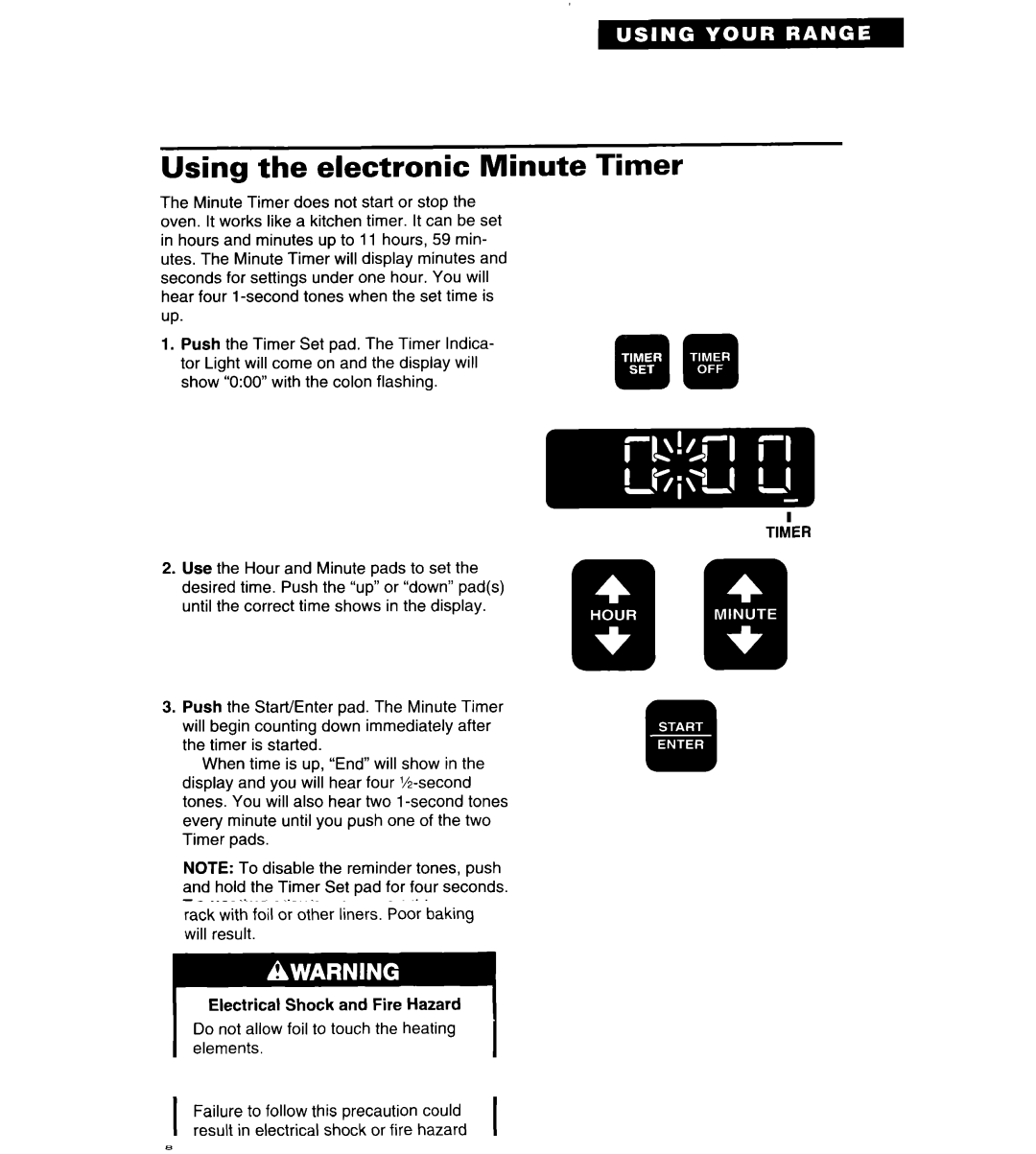 Whirlpool TER86W5B important safety instructions Using the electronic Minute Timer, To cancel the Minute Timer 