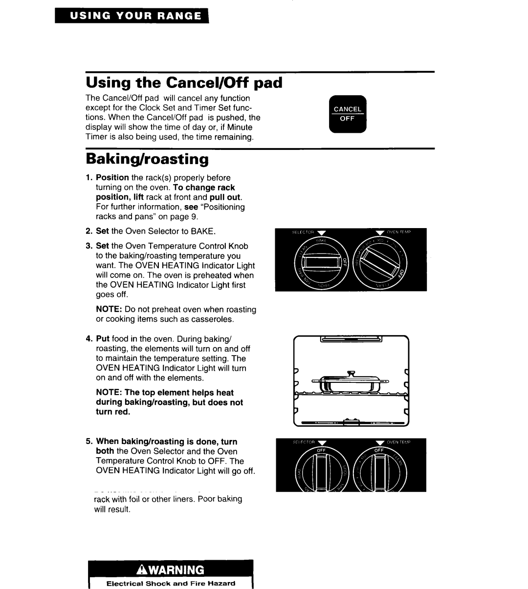 Whirlpool TER86W5B important safety instructions Using the Cancel/Off pad, Baking/roasting 