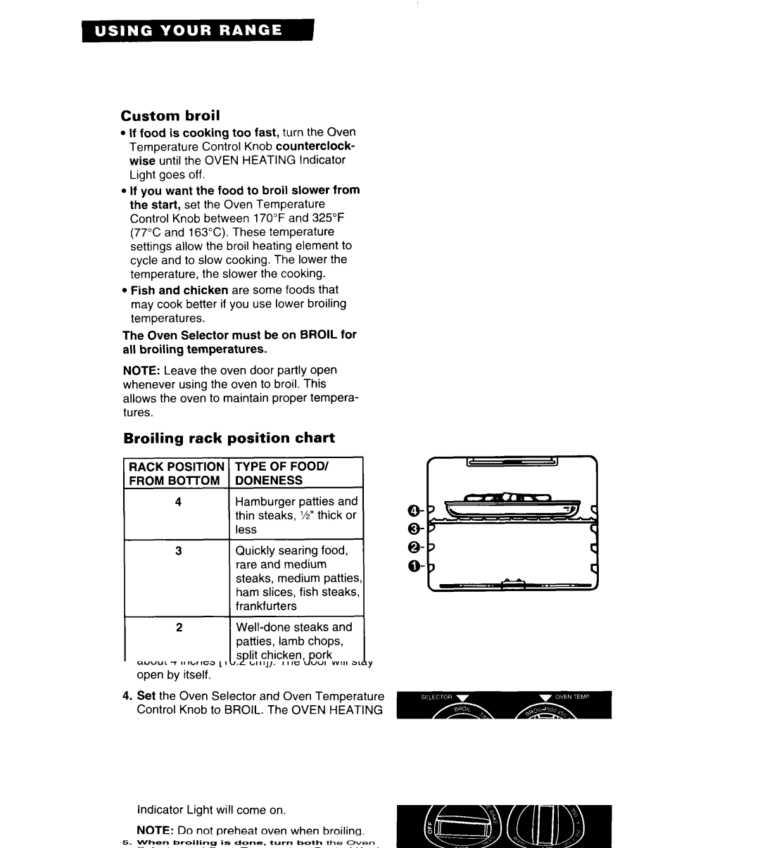 Whirlpool TER86W5B important safety instructions Custom broil, Broiling rack position chart, 1RACK Position 1TYPE of Food 