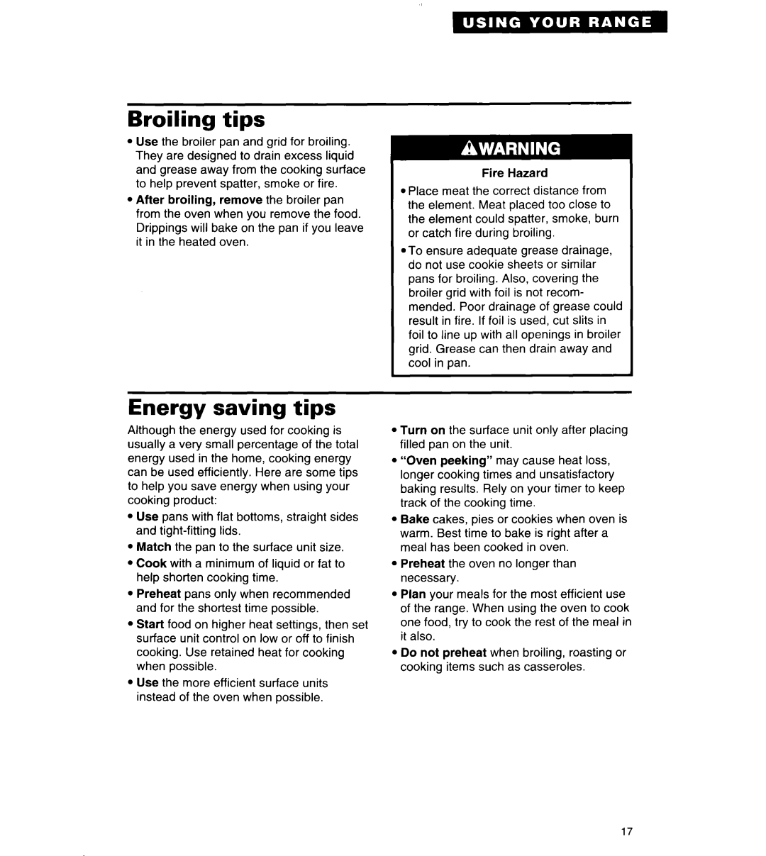 Whirlpool TER86W5B important safety instructions Broiling tips, Energy saving tips 