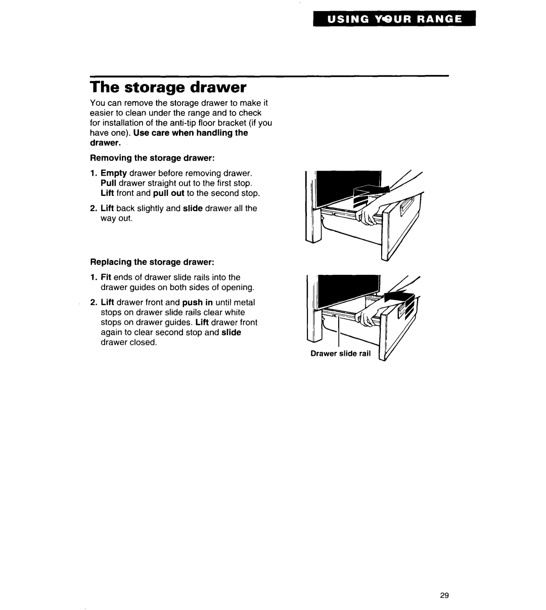 Whirlpool TER86W5B important safety instructions Storage drawer 