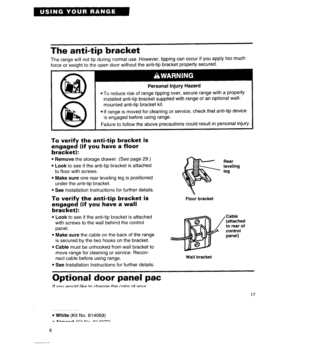 Whirlpool TER86W5B important safety instructions Anti-tip bracket, Optional door panel pat 