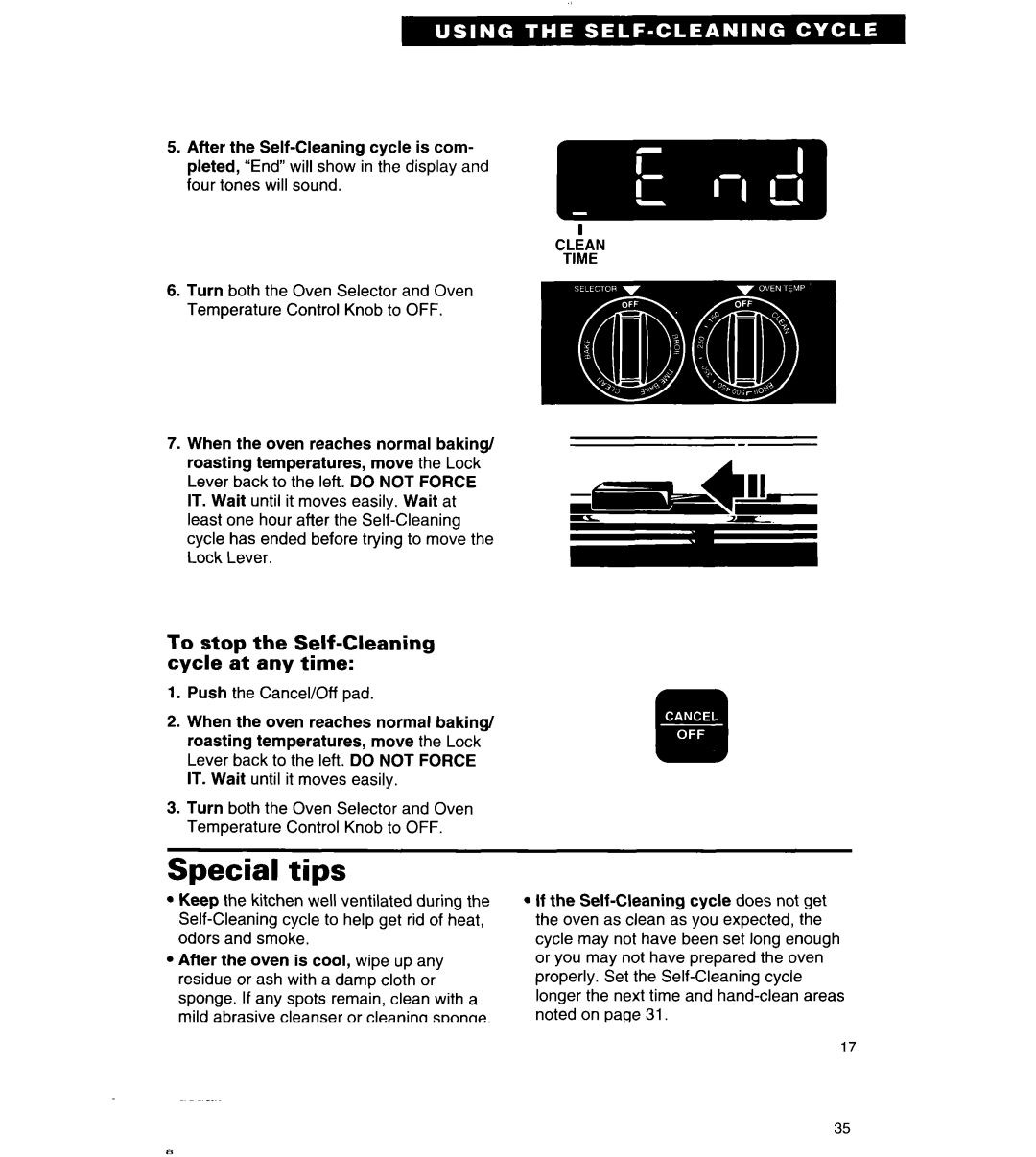 Whirlpool TER86W5B important safety instructions Special tips, To stop the Self-Cleaning cycle at any time 