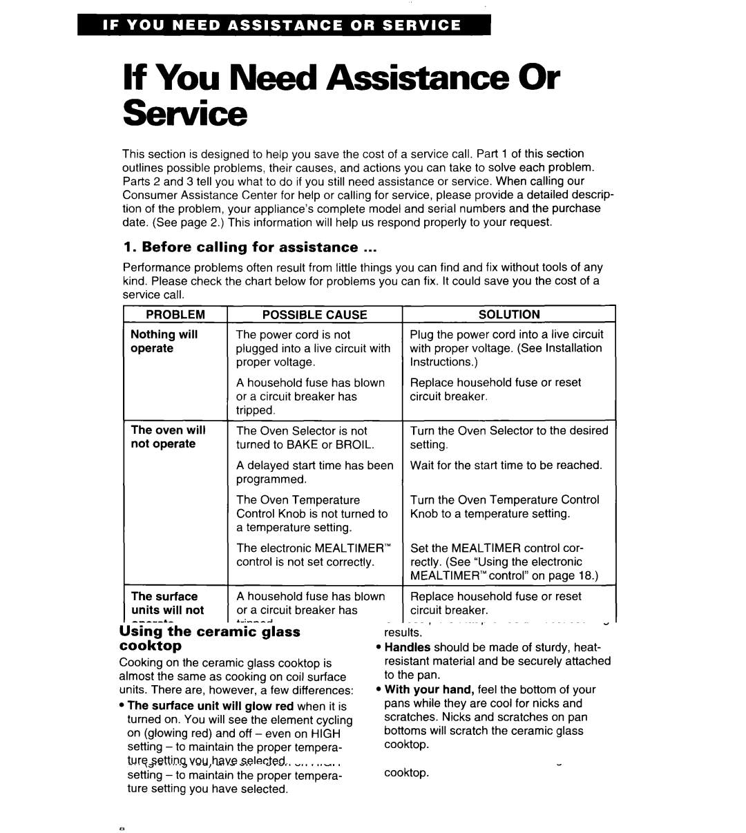 Whirlpool TER86W5B If You Need Assistance Or Service, Before calling for assistance, Problem Possible Cause, Solution 