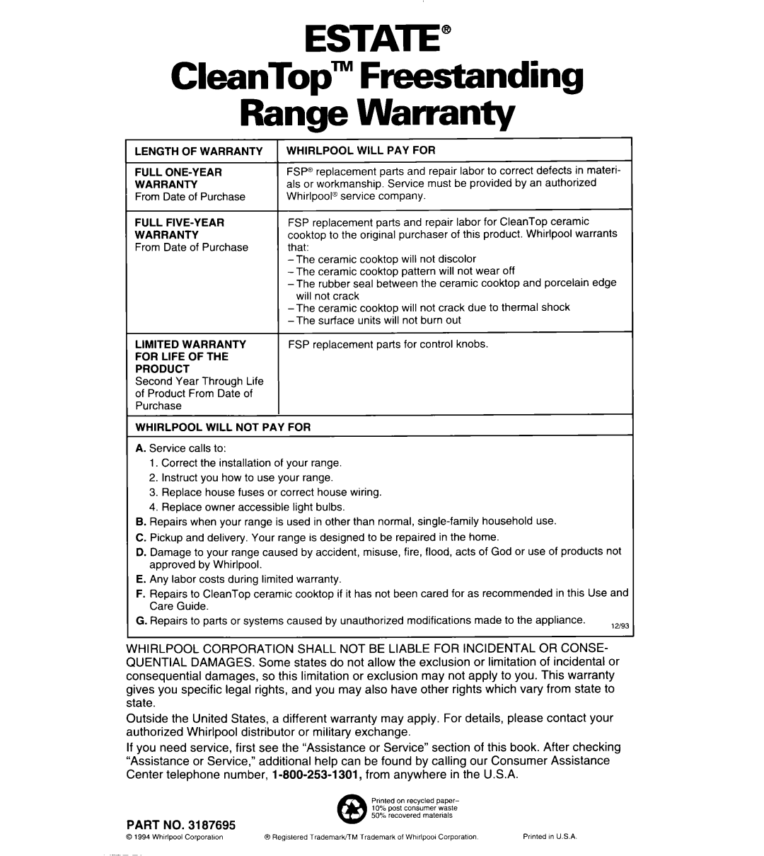 Whirlpool TER86W5B important safety instructions Estate, CleanTop‘ Freestanding Range Warranty 