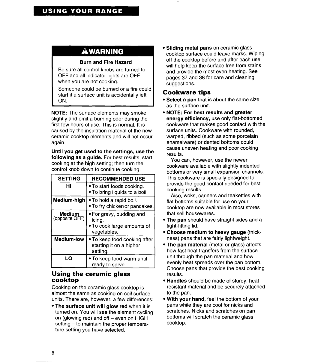 Whirlpool TER86W5B important safety instructions Using the ceramic glass cooktop, Cookware tips, Setting Recommended 