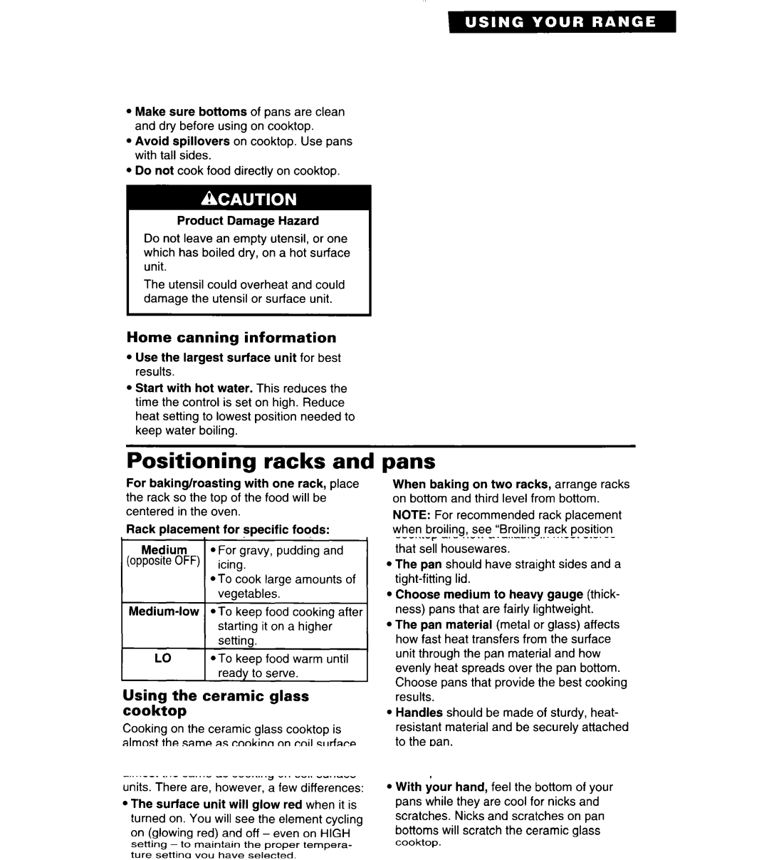 Whirlpool TER86W5B important safety instructions Positioning racks, Pans, Home canning information, Food Rack 