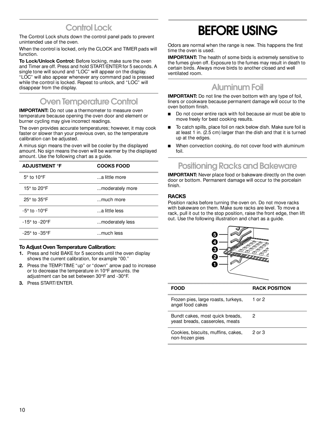 Whirlpool TEP325 manual Before Using, Control Lock, Oven Temperature Control, Aluminum Foil, Positioning Racks and Bakeware 